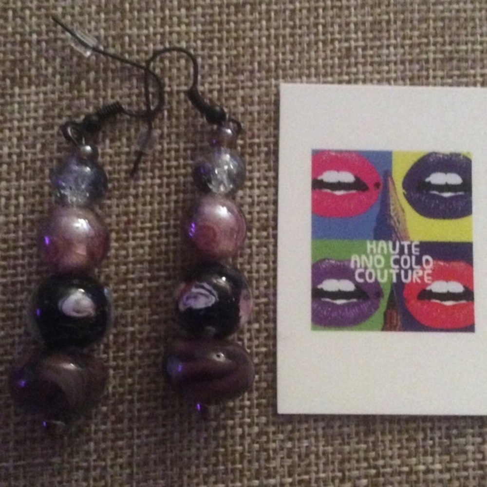 NWOT Handmade Purple & Black Floral Glass Earrings
